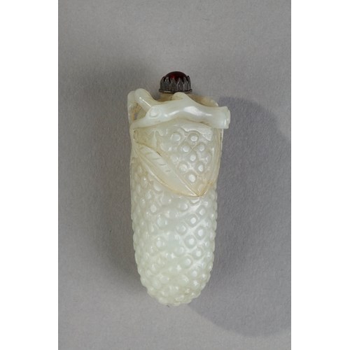 Nephrite jade snuffbottle carved in the shape of fruit branch in high relief and leaves around the opening of the bottle   - China 19th century
